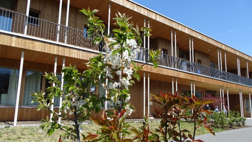 Ein Foto vom Hospizhaus. Im Vordergrund sind blühende Sträucher zu sehen.