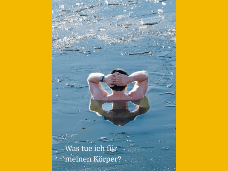 Ein Mann steht im Wasser, die Hände hinter dem Kopf. Unten steht der Spruch: „Was tue ich für meinen Körper?“