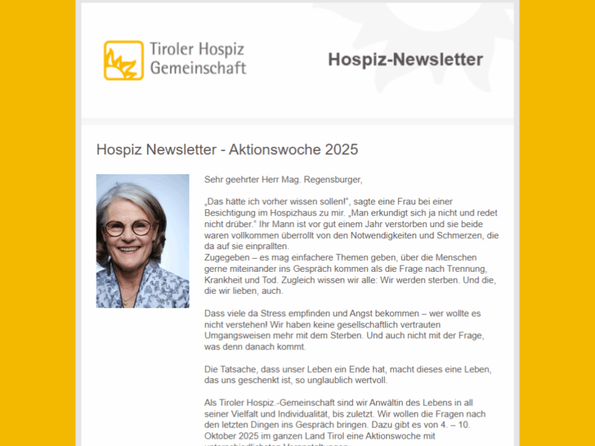 Screenshot des Oktober Newsletters. Im Bild: Vorstandsmitglied Maria Plankensteiner